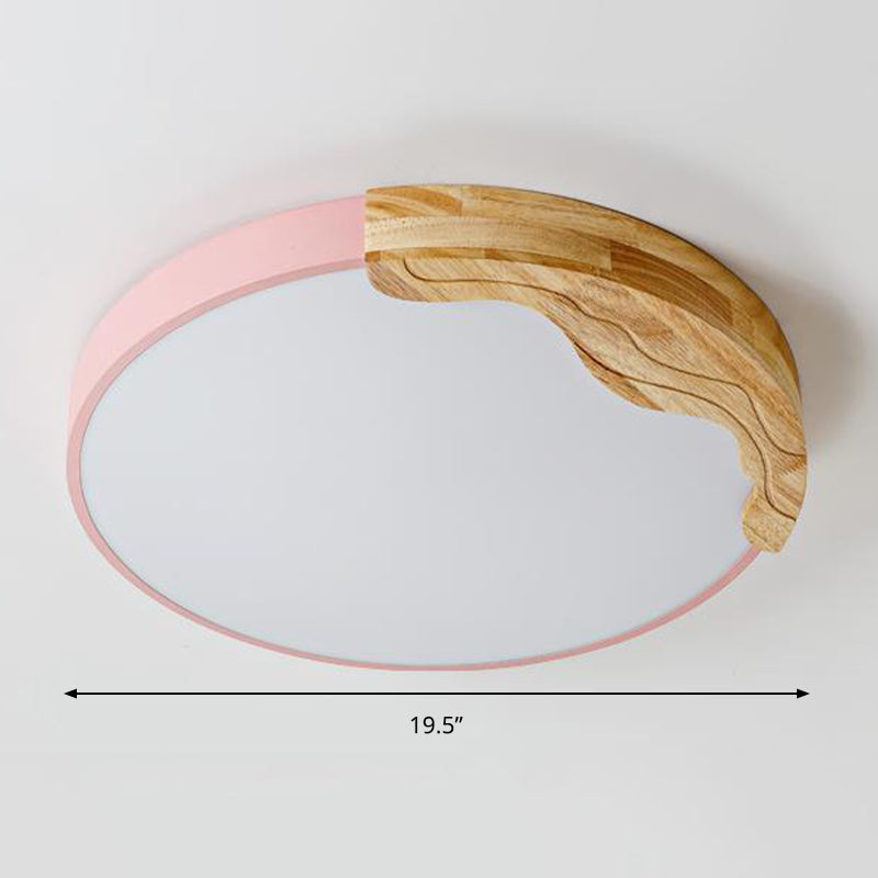 Modern Macaron Style Acrylic LED Ceiling Light with Wooden Deco - Pink Circular Flush Mount Lamp, 16"/19.5" Wide