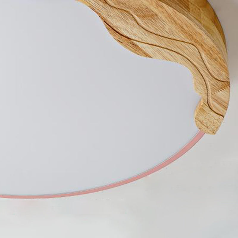 Modern Macaron Style Acrylic LED Ceiling Light with Wooden Deco - Pink Circular Flush Mount Lamp, 16"/19.5" Wide