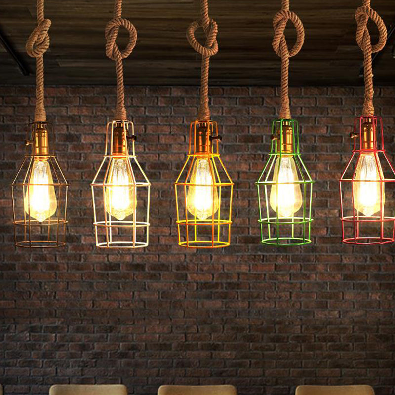 Metallic 1-Head Black/White/Pink Wire Cage Pendant Light for Dining Room with Rope Cord
