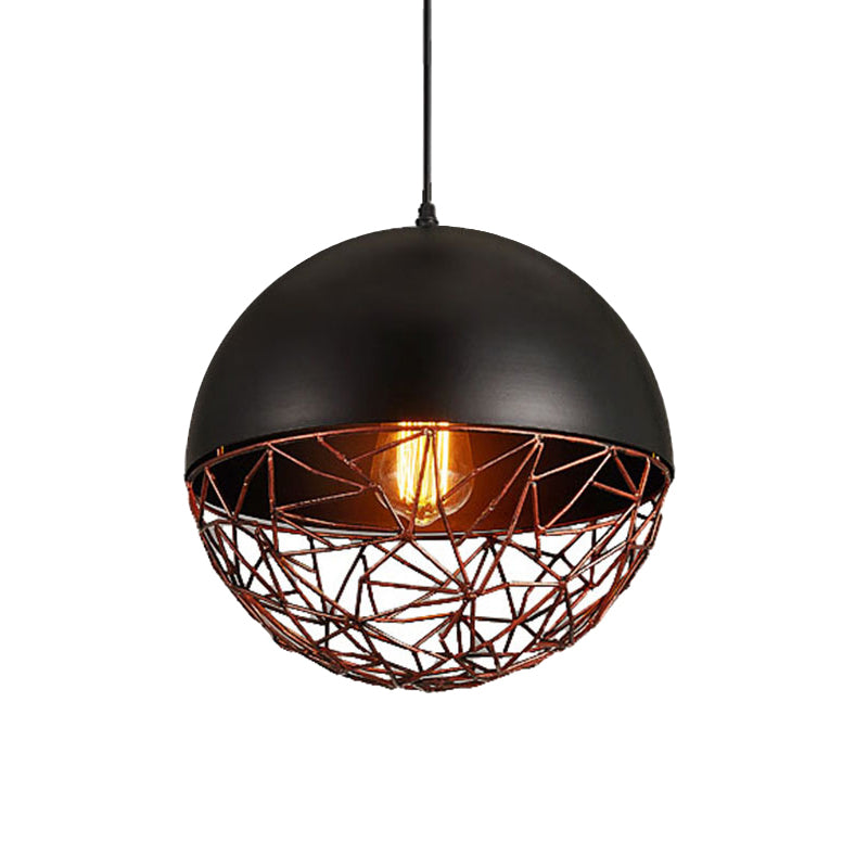 Plafonnier industriel en forme de cage métallique noire - Suspension en forme de dôme en fer pour salle à manger, éclairage vers le bas à 1 lumière