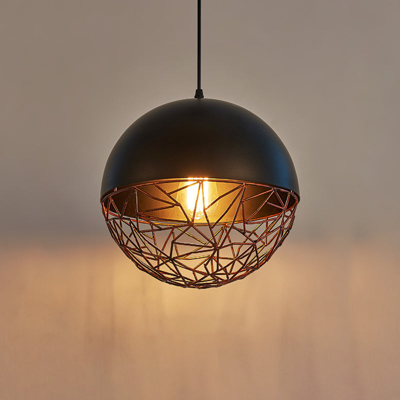 Plafonnier industriel en forme de cage métallique noire - Suspension en forme de dôme en fer pour salle à manger, éclairage vers le bas à 1 lumière