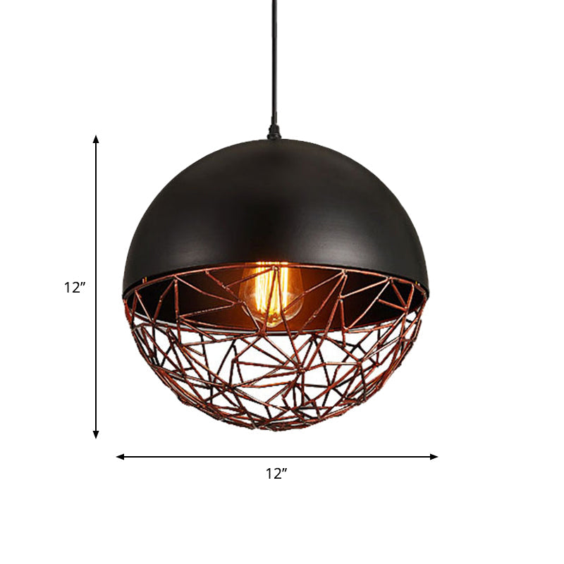Plafonnier industriel en forme de cage métallique noire - Suspension en forme de dôme en fer pour salle à manger, éclairage vers le bas à 1 lumière