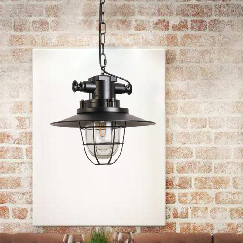 Suspension industrielle en fil de fer noir avec abat-jour en verre transparent