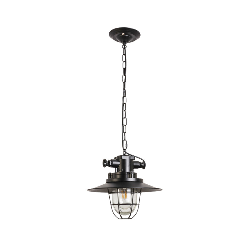 Suspension industrielle en fil de fer noir avec abat-jour en verre transparent