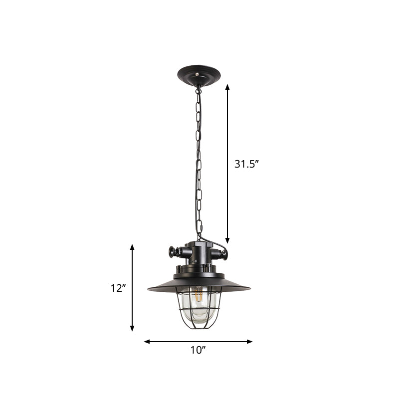 Suspension industrielle en fil de fer noir avec abat-jour en verre transparent
