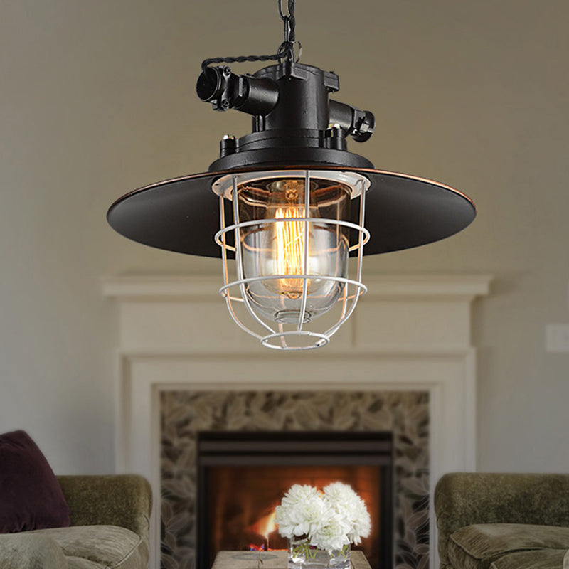Suspension industrielle en fil de fer noir avec abat-jour en verre transparent