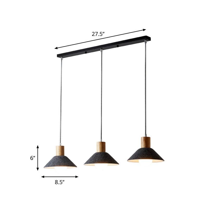 Suspension industrielle grise avec capuchon en bois - 3 lumières coniques pour salle à manger