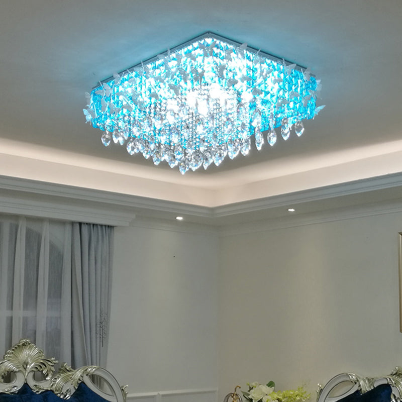 Rectangular LED Stainless-Steel Flush Mount Butterfly Ceiling Light Fixture with Clear/Amber/Lake Blue Crystals in Warm/White Light
