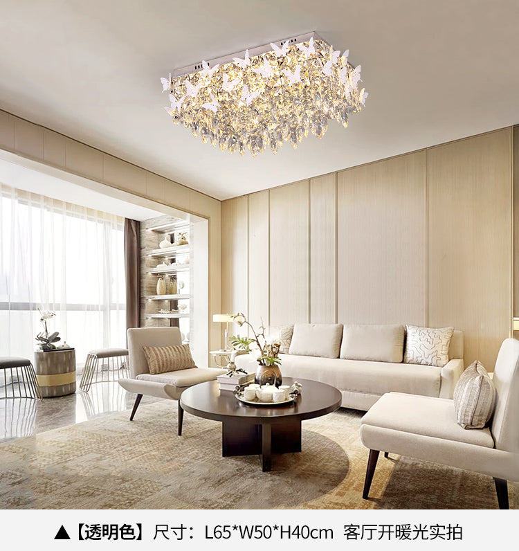 Rectangular LED Stainless-Steel Flush Mount Butterfly Ceiling Light Fixture with Clear/Amber/Lake Blue Crystals in Warm/White Light