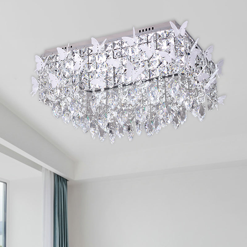 Rectangular LED Stainless-Steel Flush Mount Butterfly Ceiling Light Fixture with Clear/Amber/Lake Blue Crystals in Warm/White Light