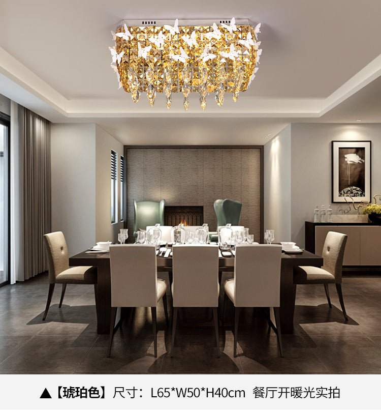 Rectangular LED Stainless-Steel Flush Mount Butterfly Ceiling Light Fixture with Clear/Amber/Lake Blue Crystals in Warm/White Light