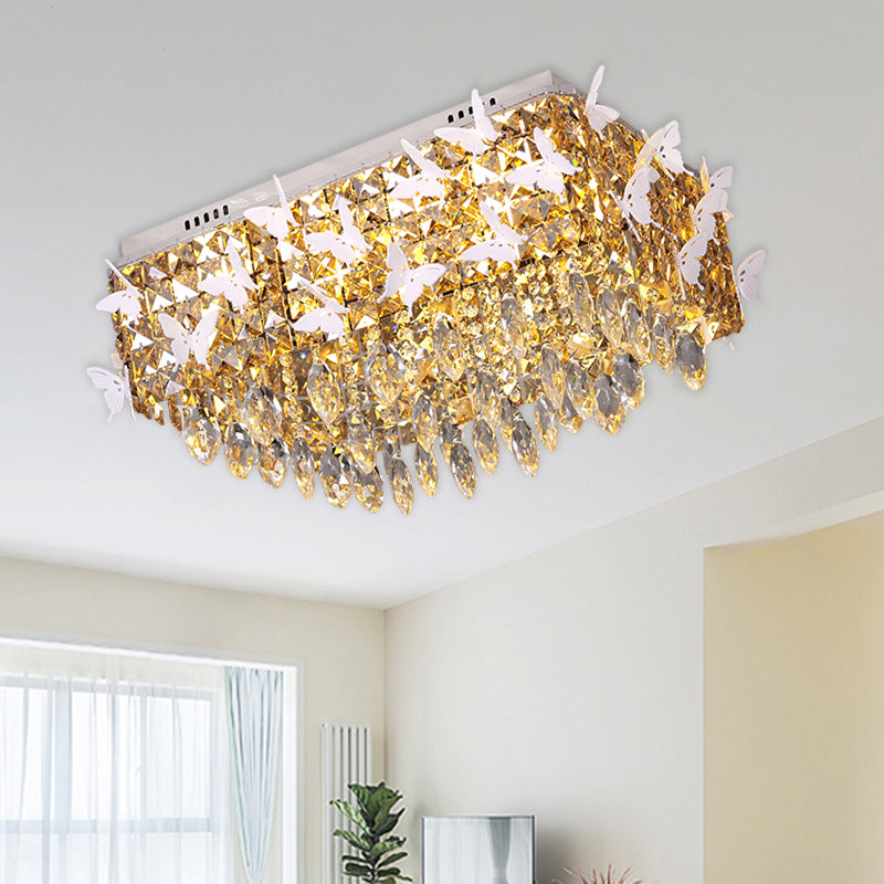Rectangular LED Stainless-Steel Flush Mount Butterfly Ceiling Light Fixture with Clear/Amber/Lake Blue Crystals in Warm/White Light