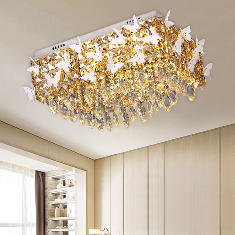 Rectangular LED Stainless-Steel Flush Mount Butterfly Ceiling Light Fixture with Clear/Amber/Lake Blue Crystals in Warm/White Light