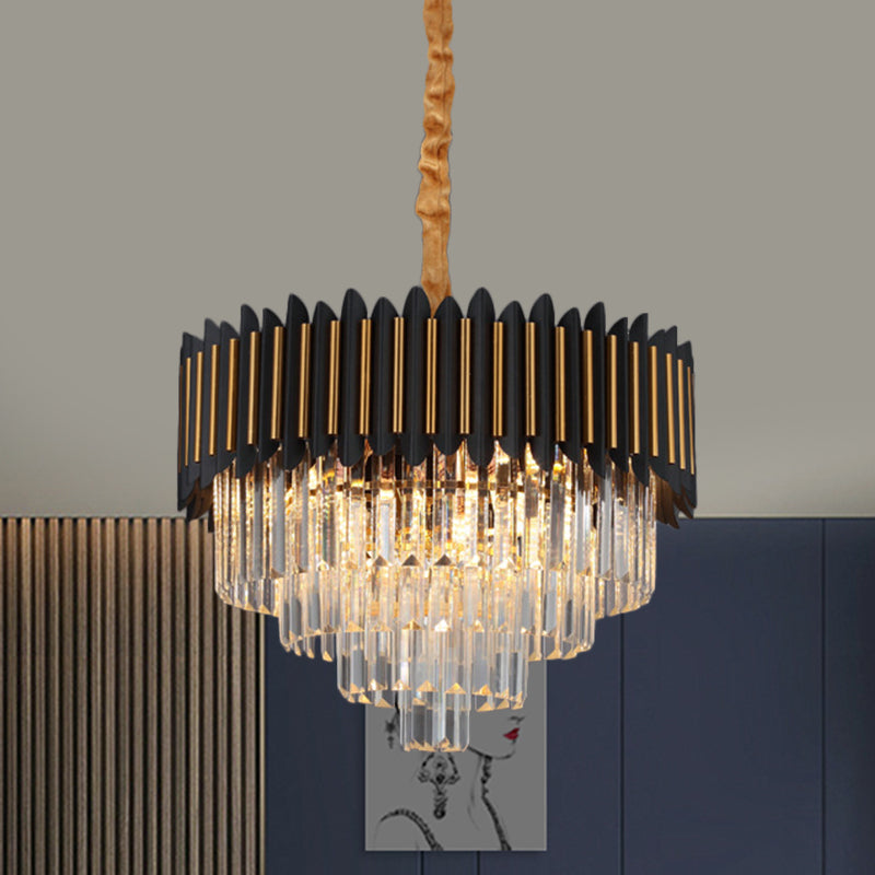 Modern Black and Gold Conic Pendant Chandelier with Crystal Block Shade - Simplicity 6/12-Bulb Hanging Light Fixture