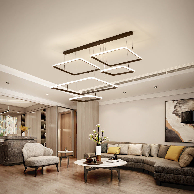 Contemporary Chandelier Lamp - Modern Brown Rectangle Suspension Light with Acrylic Shade in White/Warm/Natural Light - 2/3/5 Heads