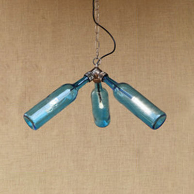 Industrial Stylish Blue/Clear Wine Bottle Pendant Lamp - 3 Bulbs Glass Hanging Lighting For