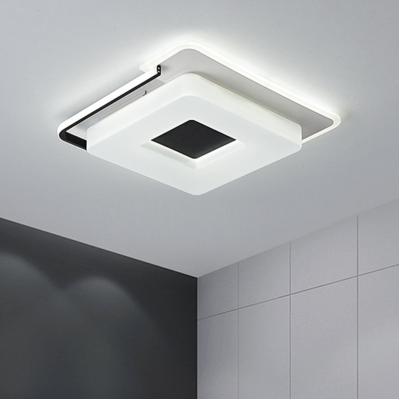 Simple Round/Square Flush Ceiling Light: 16"/19.5" Wide Acrylic Shaded Black and White Fixture - White Light