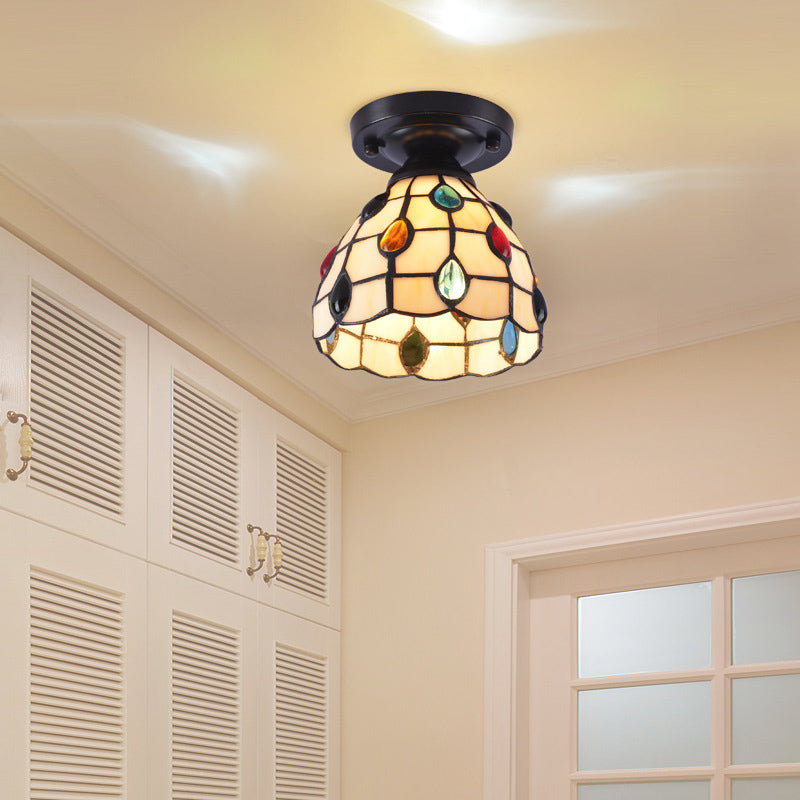 Tiffany Style Handcrafted Glass Semi Flush Mount Ceiling Light Beige