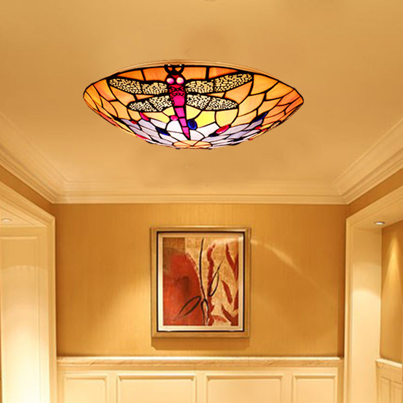Tiffany Style Dragonfly Glass Flushmount Ceiling Light with Handcrafted Detailing - Set of 3 Bulbs