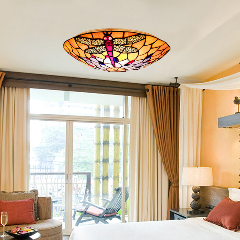 Tiffany Style Dragonfly Glass Flushmount Ceiling Light with Handcrafted Detailing - Set of 3 Bulbs