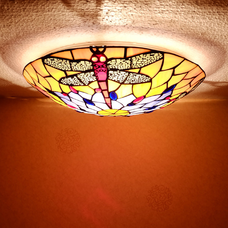 Tiffany Style Dragonfly Glass Flushmount Ceiling Light with Handcrafted Detailing - Set of 3 Bulbs