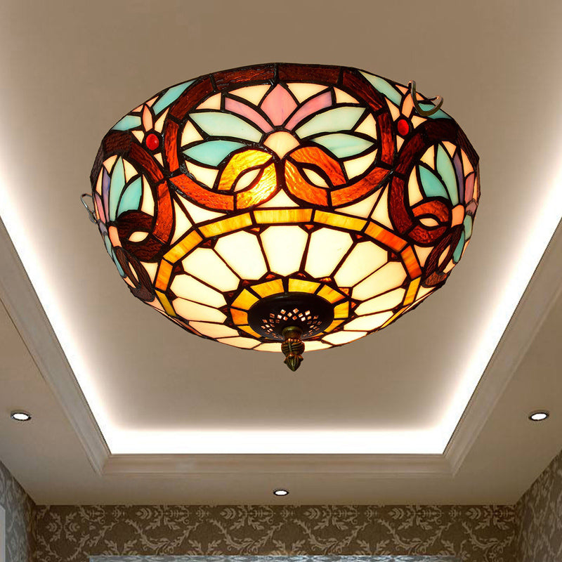 Stained Art Glass Flush Mount Ceiling Light with Traditional Bowl Shade
