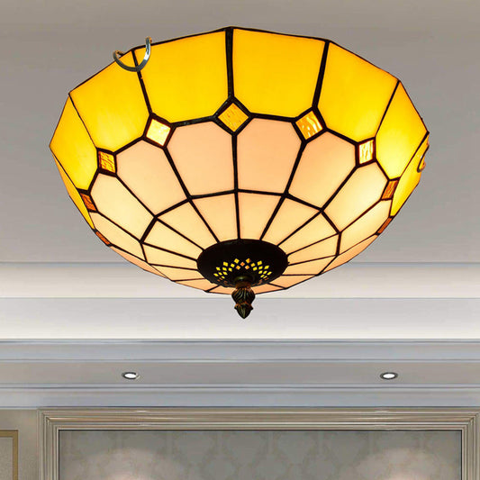 Stained Art Glass Flush Mount Ceiling Light with Traditional Bowl Shade