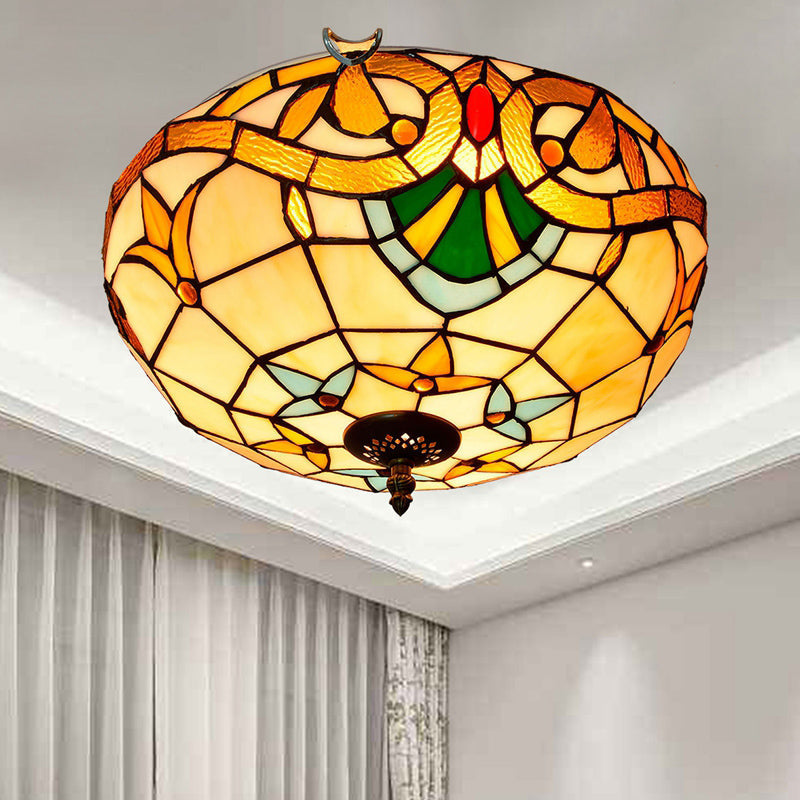 Stained Art Glass Flush Mount Ceiling Light with Traditional Bowl Shade