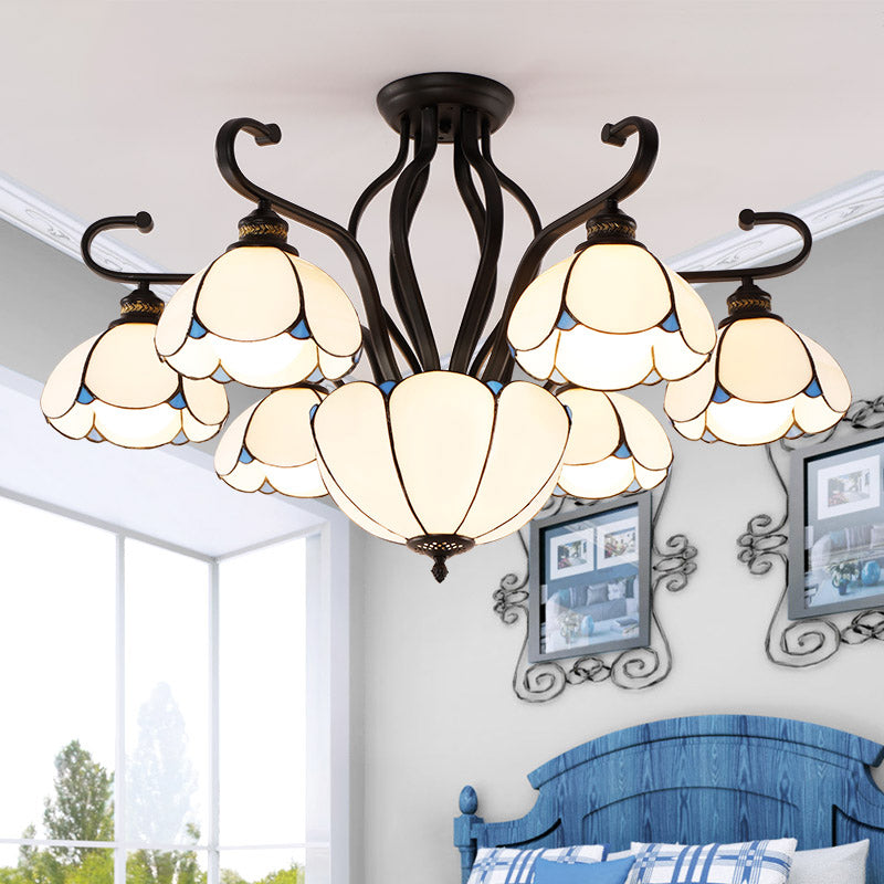 Handcrafted Scalloped Tiffany Glass Ceiling Chandelier For Living Room 7 / White