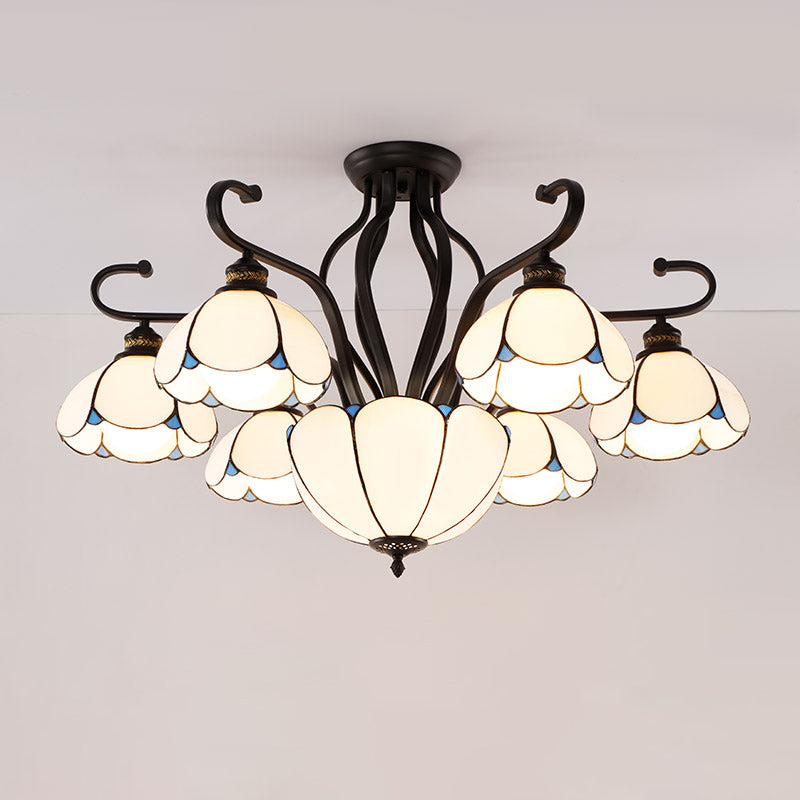 Handcrafted Scalloped Tiffany Glass Ceiling Chandelier For Living Room
