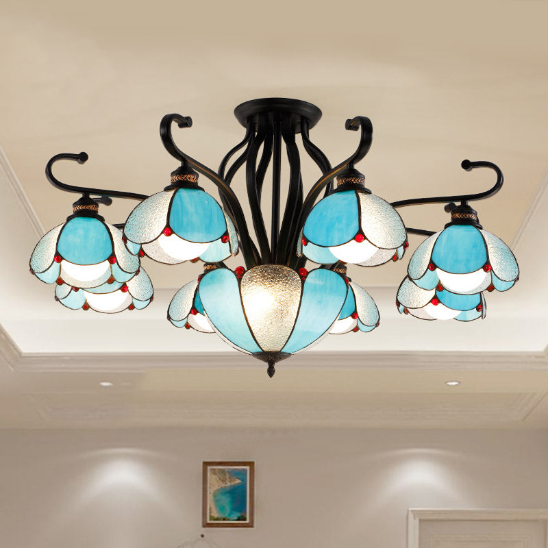 Handcrafted Scalloped Tiffany Glass Ceiling Chandelier For Living Room 9 / Blue