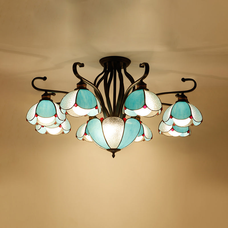 Handcrafted Scalloped Tiffany Glass Ceiling Chandelier For Living Room