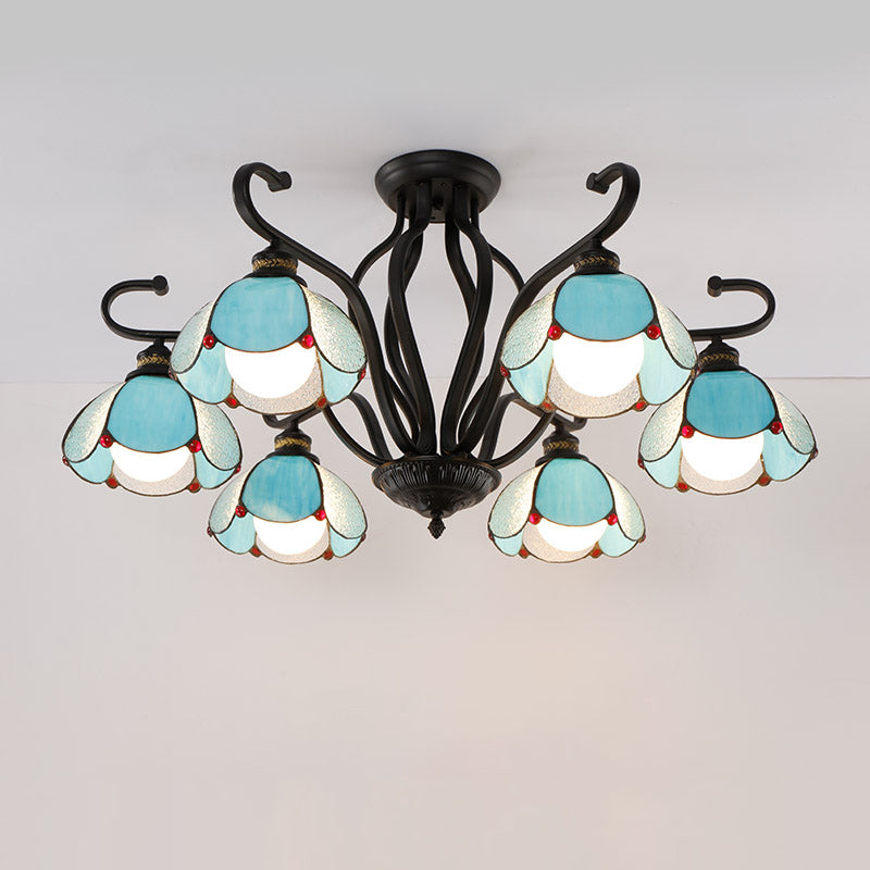 Handcrafted Scalloped Tiffany Glass Ceiling Chandelier For Living Room 6 / Blue
