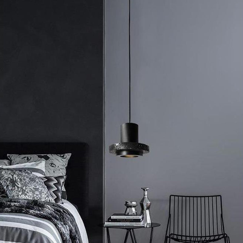 Terrazzo Single-Bulb Black Hat Hanging Lamp - Flat Round Ceiling Lighting with Simplicity