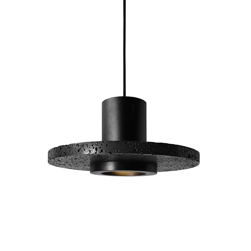 Terrazzo Single-Bulb Black Hat Hanging Lamp - Flat Round Ceiling Lighting with Simplicity