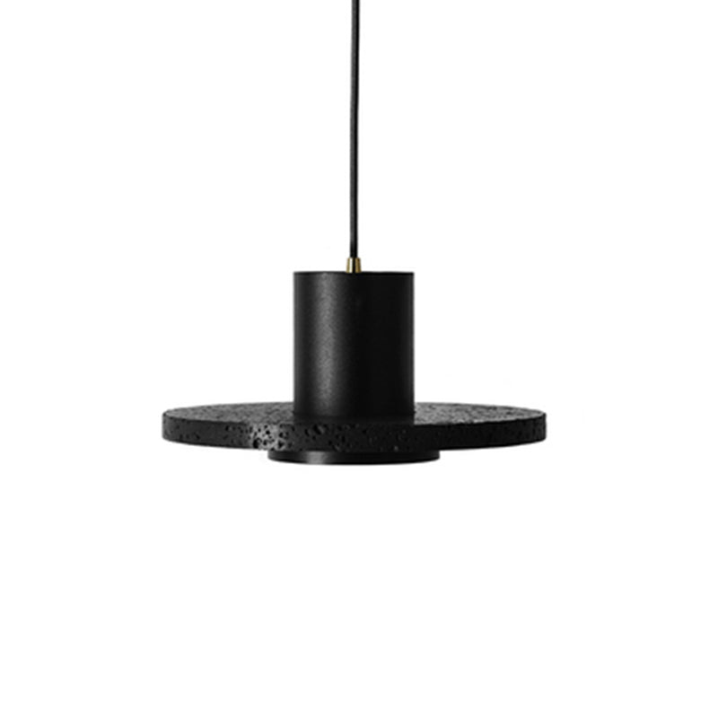 Terrazzo Single-Bulb Black Hat Hanging Lamp - Flat Round Ceiling Lighting with Simplicity