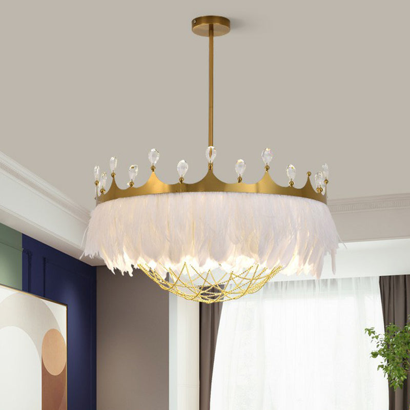 Crown Feather Ceiling Light with Crystal for Girls' Bedroom