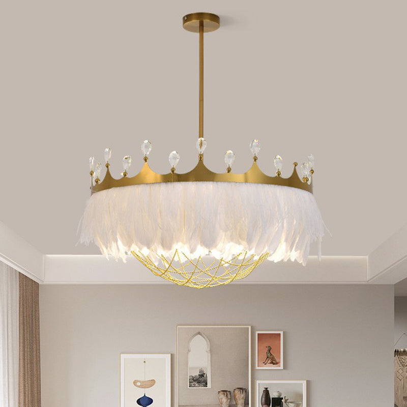 Crown Feather Ceiling Light with Crystal for Girls' Bedroom