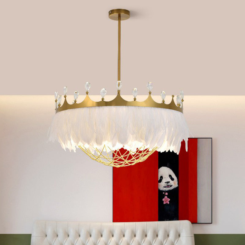 Crown Feather Ceiling Light with Crystal for Girls' Bedroom
