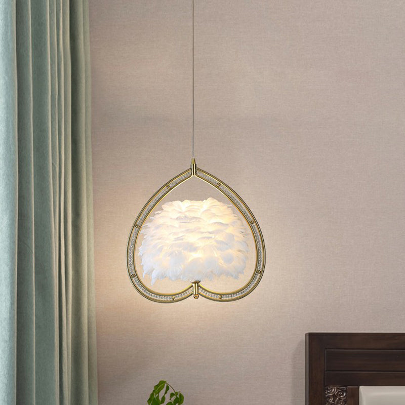 Contemporary Gold Pendant Light With Metallic Heart Suspension And Decorative Feather / White B