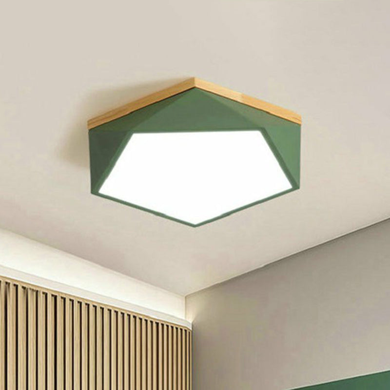 Metallic Macaron LED Flush Ceiling Light with Faceted Pentagon Design and Wooden Canopy