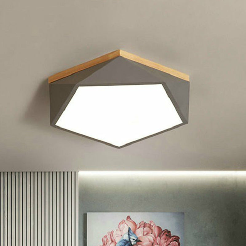 Metallic Macaron LED Flush Ceiling Light with Faceted Pentagon Design and Wooden Canopy
