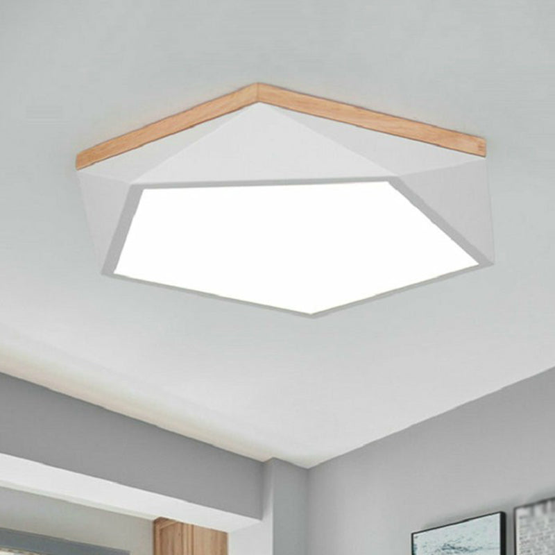 Metallic Macaron LED Flush Ceiling Light with Faceted Pentagon Design and Wooden Canopy