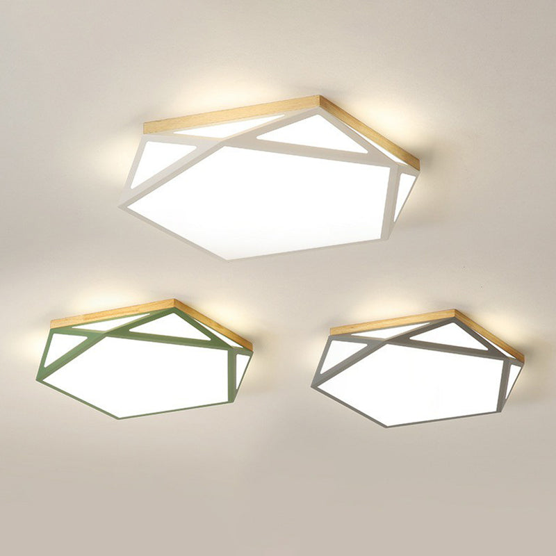 Metallic Led Flush Mount Ceiling Light With Pentagon Acrylic Shade - Minimalist Bedroom Lighting