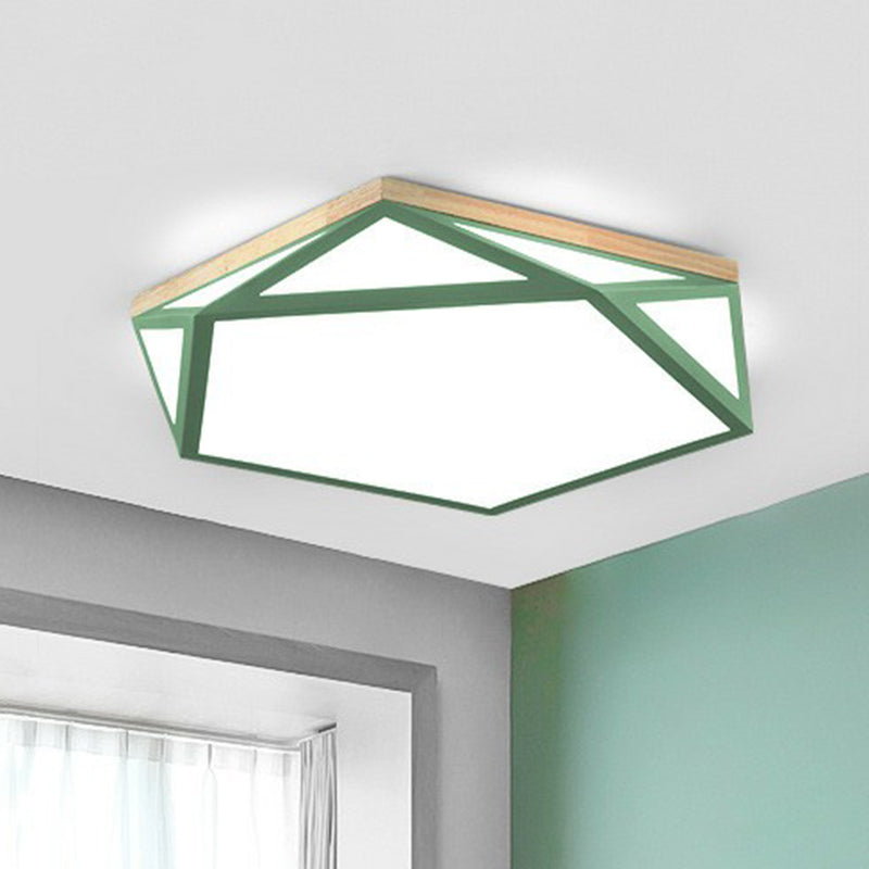 Metallic Led Flush Mount Ceiling Light With Pentagon Acrylic Shade - Minimalist Bedroom Lighting