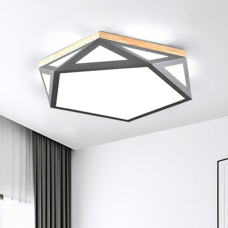 Metallic Led Flush Mount Ceiling Light With Pentagon Acrylic Shade - Minimalist Bedroom Lighting