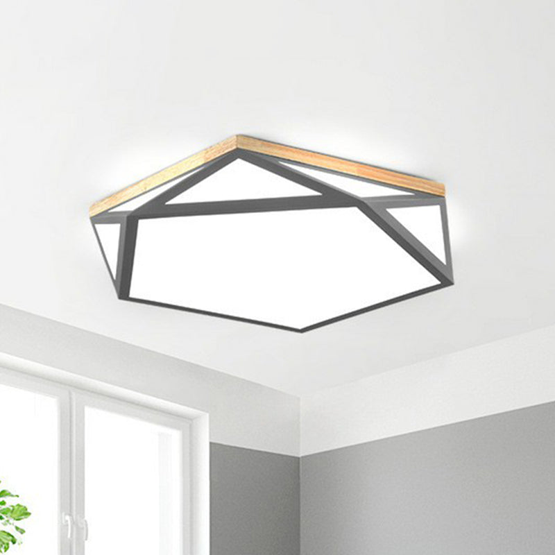 Metallic Led Flush Mount Ceiling Light With Pentagon Acrylic Shade - Minimalist Bedroom Lighting
