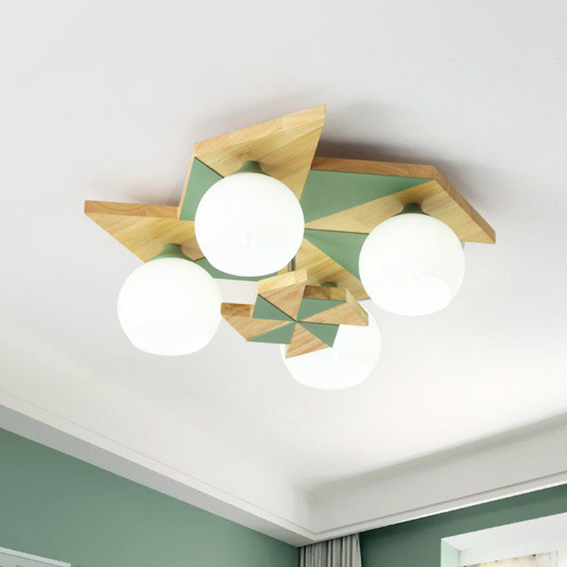 Windmill Kids Wooden Flush Mount Light with Sphere Opal Glass Shade - Nordic 4-Head Fixture