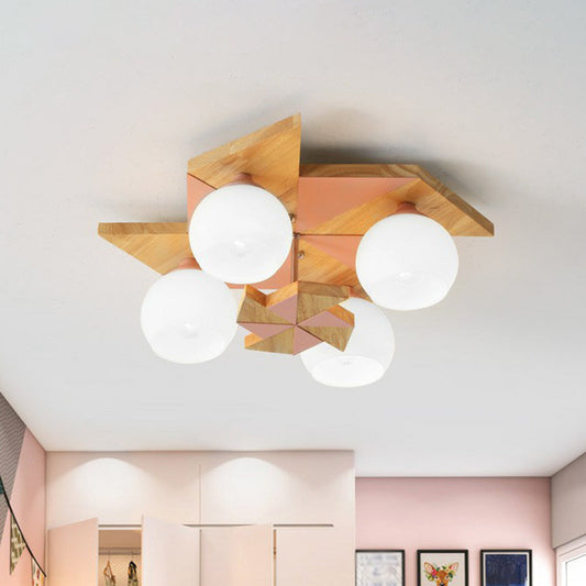 Windmill Kids Wooden Flush Mount Light with Sphere Opal Glass Shade - Nordic 4-Head Fixture