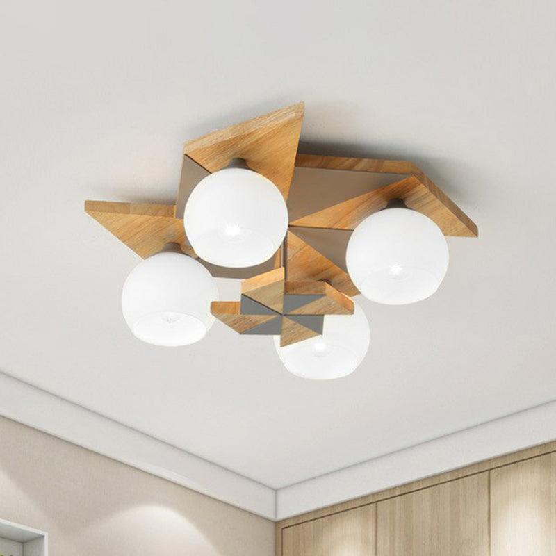 Windmill Kids Wooden Flush Mount Light with Sphere Opal Glass Shade - Nordic 4-Head Fixture